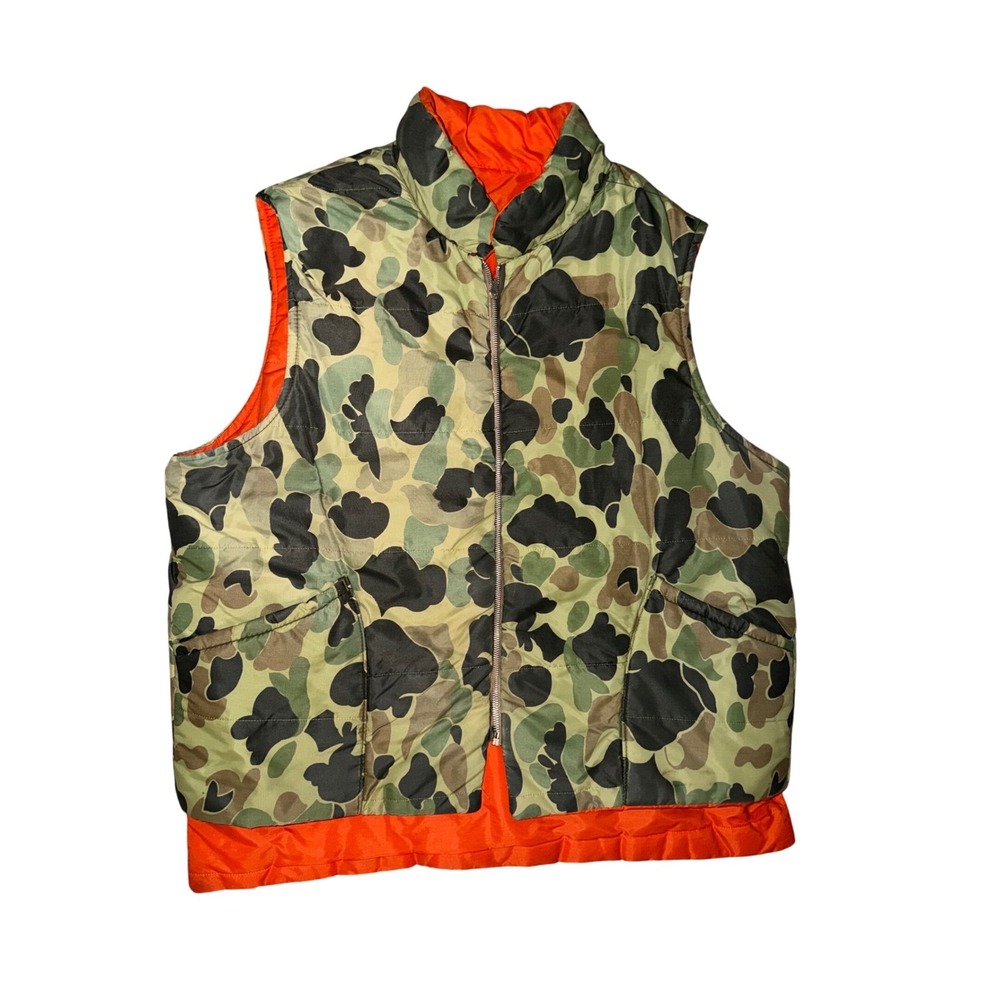 Vintage Reversible Puffer Vest Men XL Green Camo Blaze Orange EUC Hunting